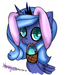 Size: 1846x2073 | Tagged: safe, artist:nersigon, derpibooru import, princess luna, alicorn, pony, basket, big eyes, crown, cute, easter, easter basket, easter egg, female, filly, holiday, horn, jewelry, looking at you, regalia, s1 luna, simple background, solo, transparent background, woona, younger