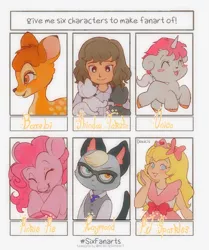 Size: 1715x2048 | Tagged: safe, artist:doekis, derpibooru import, pinkie pie, anthro, cat, deer, earth pony, human, pony, unicorn, six fanarts, animal crossing, anthro with ponies, bambi, blush sticker, blushing, bow, clothes, colored hooves, crossover, eyes closed, fawn, female, glasses, hair bow, heterochromia, inazuma eleven go, male, mare, necktie, pj sparkles, raymond, smiling, unico, vest