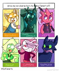 Size: 1005x1200 | Tagged: animal crossing, anthro, anthro with ponies, artist:rolyjulioli, changeling, changeling queen, clothes, crossover, cuphead, cuphead (character), derpibooru import, dragon, female, flick, gloves, how to train your dragon, lizard, male, net, :o, one eye closed, open mouth, peridot (steven universe), queen chrysalis, retsuko, safe, sanrio, six fanarts, steven universe, studio mdhr, toothless the dragon, wink