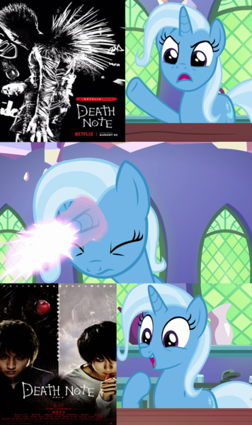 Size: 640x1080 | Tagged: all bottled up, artist:jasonpictures, death note, derpibooru import, edit, edited screencap, exploitable meme, magic, meme, safe, screencap, trixie, trixie fixing meme