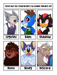 Size: 1571x2048 | Tagged: safe, artist:shaydestuck, derpibooru import, discord, anthro, draconequus, six fanarts, :p, animal crossing, beastars, bluey, bust, chest fluff, crossover, grin, kovu, legosi (beastars), male, open mouth, shadow the hedgehog, smiling, sonic the hedgehog (series), the lion king, tongue out