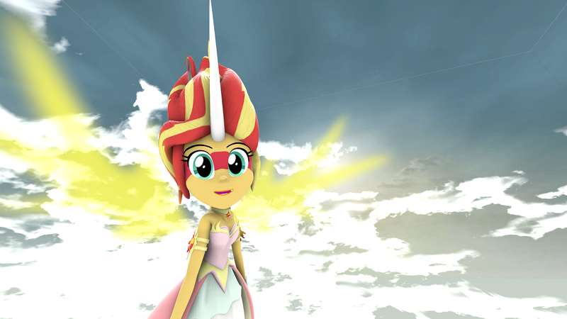 Size: 1500x843 | Tagged: safe, artist:starcrossedpony, derpibooru import, sunset shimmer, equestria girls, 3d, daydream shimmer, sky, smiling, solo, source filmmaker