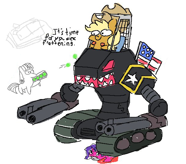 Size: 615x543 | Tagged: american flag, applejack, artist:threetwotwo32232, blood, derpibooru import, dick flattening, gun, hat, mech, mecha, oc, oc:fizzy pop, questionable, robot, smiling, twilight sparkle, weapon