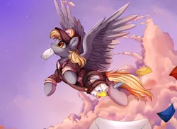 Size: 3509x2550 | Tagged: safe, artist:pridark, derpibooru import, derpy hooves, pegasus, pony, bag, clothes, digital art, epic derpy, female, flying, hat, letter, mail, mailbag, mailmare, mailpony, mare, mouth hold, remake, sky, solo, uniform, working