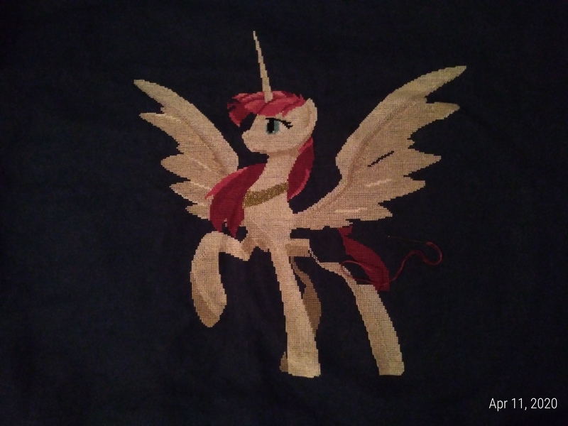 Size: 4160x3120 | Tagged: safe, artist:lionheartcartoon, artist:partsanddrafts, artist:sagegami, derpibooru import, oc, oc:fausticorn, alicorn, pony, cross stitch, embroidery, female, photo, solo, tribute, wip