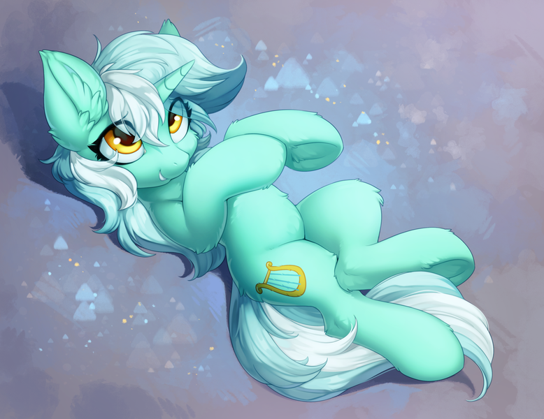 Size: 2700x2082 | Tagged: safe, artist:hioshiru, derpibooru import, lyra heartstrings, pony, unicorn, cheek fluff, cute, ear fluff, female, frog (hoof), high res, leg fluff, lyrabetes, mare, on back, redraw, solo, underhoof