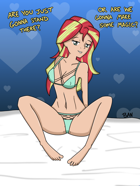 Braeburn in lingerie 1874443 Artist Banquo0 Bed Bedroom Eyes Belly Button Bra Breasts Cleavage Clothes Derpibooru Import Feet Female Human Humanized Lingerie Panties Solo Solo Female Suggestive Sunset Shimmer Text Underwear Twibooru