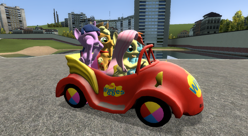 Size: 1280x702 | Tagged: safe, artist:didgereethebrony, derpibooru import, applejack, fluttershy, rainbow dash, twilight sparkle, twilight sparkle (alicorn), alicorn, earth pony, pegasus, pony, 3d, big red car, gmod, palindrome get, the wiggles