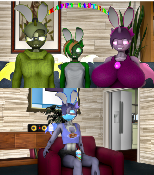 Size: 2203x2500 | Tagged: 3d, anthro, anthro oc, artist:dongly12, big breasts, blue changeling, breasts, bunny ears, busty changeling, changeling, changeling oc, cute, cuteling, cute little fangs, derpibooru import, easter, egg, face mask, fangs, female, females only, green changeling, high res, holiday, huge breasts, oc, oc:cinnamon bun (changeling), oc:french toast (changeling), oc:pancake (changeling), oc:waffles (changeling), plantigrade anthro, purple changeling, revamped anthros, source filmmaker, spray can, suggestive, unofficial characters only, vacuum sealed clothing, yellow changeling