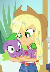 Size: 464x661 | Tagged: safe, derpibooru import, screencap, applejack, spike, spike the regular dog, dog, equestria girls, equestria girls series, my little shop of horrors, cropped, duo, female, holding a dog, male, water, wet hair