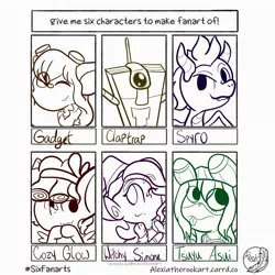 Size: 2048x2048 | Tagged: safe, artist:alexiatherook, derpibooru import, cozy glow, anthro, dragon, mouse, pegasus, pony, six fanarts, anthro with ponies, borderlands, claptrap, female, filly, gadget, hooves together, lineart, male, mighty magiswords, monochrome, my hero academia, one eye closed, spyro the dragon, tsuyu asui, wink, witchy simone