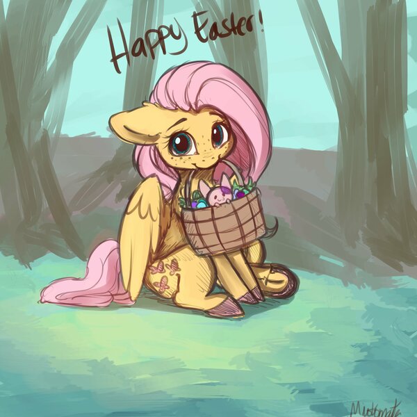 Size: 4000x4000 | Tagged: safe, artist:miokomata, derpibooru import, fluttershy, oc, pegasus, pony, rabbit, animal, basket, colored hooves, cute, easter, easter basket, female, floppy ears, freckles, freckleshy, holiday, looking at you, mare, mouth hold, outdoors, shyabetes, sitting, spread wings, underhoof, weapons-grade cute, wings