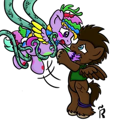 Size: 1000x1000 | Tagged: safe, artist:dawn-designs-art, derpibooru import, oc, oc:bumper, oc:rainbow coral, pegasus, pony, abduction, digital art, foalnapping, frightened, kidnapped, monster, scared, tentacles