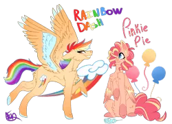 Size: 1800x1300 | Tagged: safe, artist:animatorfun, derpibooru import, pinkie pie, rainbow dash, pegasus, pony, alternate color palette, cheek fluff, chest fluff, colored wings, colored wingtips, duo, fluffy, hair over one eye, one hoof raised, race swap, redesign, simple background, transparent background, two toned wings, wings