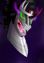 Size: 2508x3541 | Tagged: safe, artist:flaxen's art corner, derpibooru import, king sombra, pony, unicorn, angry, bust, glowing eyes, male, portrait, solo, stallion, villian