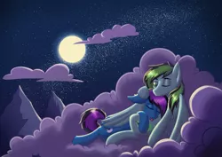 Size: 4961x3508 | Tagged: safe, artist:cha-squared, derpibooru import, oc, oc:leo montagero, oc:neon breeze, pegasus, pony, cloud, commission, complex background, covering, cute, green eyes, holding a pony, hugging a pony, moon, mountain, night, oc x oc, on a cloud, shipping, sky, sleeping, stars