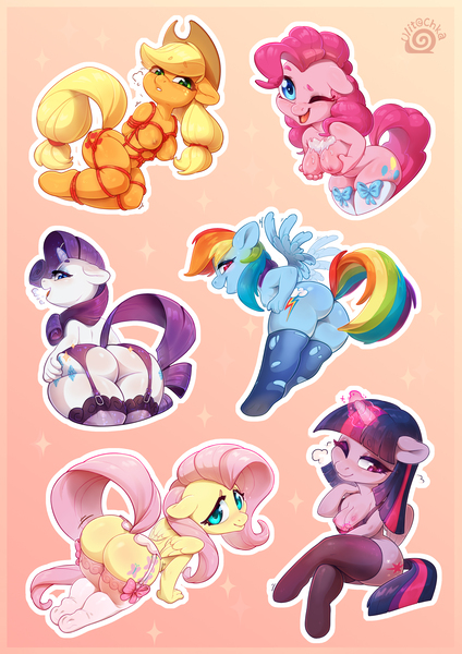 Size: 2480x3507 | Tagged: questionable, artist:ulitochka, derpibooru import, applejack, fluttershy, pinkie pie, rainbow dash, rarity, twilight sparkle, twilight sparkle (alicorn), alicorn, anthro, earth pony, pegasus, unguligrade anthro, unicorn, arm behind back, bedroom eyes, bent over, blushing, bondage, bra, bra pull, breast grab, breasts, busty applejack, busty pinkie pie, busty twilight sparkle, butt, chibi, cleavage, clothes, crossed legs, female, females only, floppy ears, flutterbutt, food, foodplay, frosting, garter belt, glowing horn, grope, hands behind back, horn, leggings, lidded eyes, lingerie, lip bite, looking at you, looking back, looking back at you, looking down, looking down at you, looking over shoulder, looking up, magic, magic undressing, mane six, naked six, nipples, nudity, one eye closed, panting, pinup, rainbutt dash, rearity, rope, rope bondage, ropes, self grope, shibari, socks, stockings, telekinesis, thigh highs, torn clothes, underwear, wink