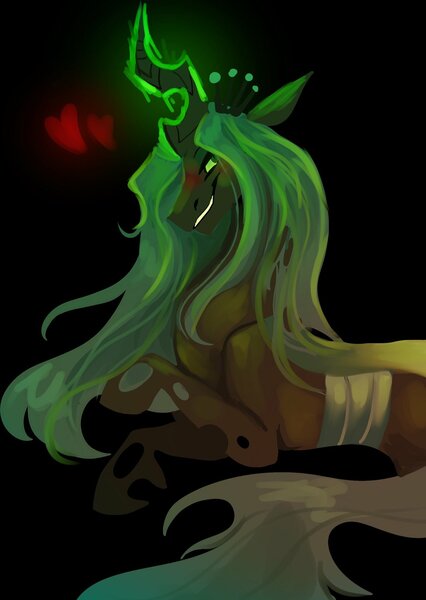 Size: 1454x2048 | Tagged: artist:nightclocks_, blushes, changeling, derpibooru import, female, heart, laying on stomach, looking at you, mare, queen chrysalis, safe