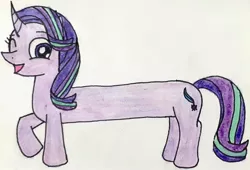 Size: 2200x1500 | Tagged: safe, artist:melisareb, derpibooru import, starlight glimmer, pony, unicorn, cute, female, glimmerbetes, i can't believe it's not 徐詩珮, long glimmer, long pony, mare, meme, raised hoof, solo, traditional art