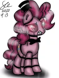 Size: 600x800 | Tagged: safe, artist:starflashing twinkle, derpibooru import, pinkie pie, pony, robot, robot pony, bowtie, crossover, cutie mark, evil, five nights at freddy's, freddy fazbear, glowing eyes, hat, pinkie bot, roboticization, shadow, solo