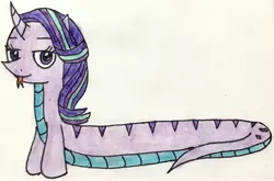 Size: 2520x1660 | Tagged: safe, artist:melisareb, derpibooru import, starlight glimmer, lamia, original species, snake, snake pony, unicorn, forked tongue, i can't believe it's not 徐詩珮, lamiafied, lidded eyes, long glimmer, long pony, looking at you, meme, solo, species swap, tongue out, traditional art