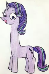 Size: 1520x2310 | Tagged: safe, artist:melisareb, derpibooru import, starlight glimmer, giraffe, pony, unicorn, i can't believe it's not 徐詩珮, impossibly long neck, long glimmer, long neck, long pony, meme, necc, open mouth, solo, tongue out, traditional art