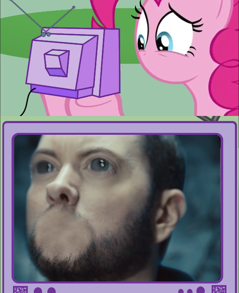 Size: 881x1080 | Tagged: safe, derpibooru import, pinkie pie, earth pony, human, pony, eminem, exploitable meme, godzilla (eminem), irl, irl human, meme, no mouth, no nose, obligatory pony, photo, television, tv meme