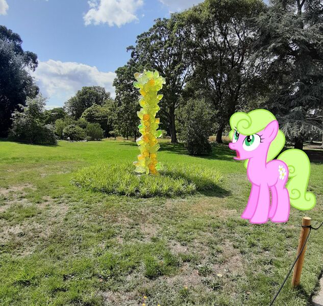 Size: 1280x1214 | Tagged: safe, artist:ready2fail, artist:s-class-destroyer, deleted from derpibooru, derpibooru import, daisy, flower wishes, pony, glass, green background, irl, kew gardens, photo, ponies in real life, shock, shocked, shocked expression, simple background, tree