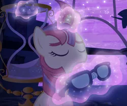 Size: 1010x845 | Tagged: safe, artist:rish--loo, derpibooru import, moondancer, pony, unicorn, bust, eyes closed, female, glasses, glasses off, glowing horn, hair tie, horn, hourglass, levitation, loose hair, magic, night, smiling, solo, telekinesis, twilight's canterlot home, vector