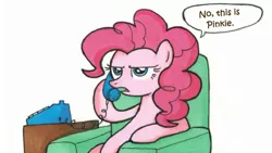 Size: 807x456 | Tagged: safe, artist:madmax, derpibooru import, edit, pinkie pie, earth pony, pony, armchair, big pink loser, phone, spongebob squarepants, stop calling me