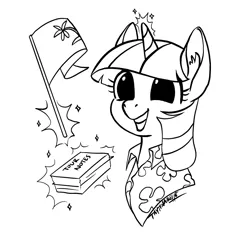 Size: 2048x2048 | Tagged: safe, artist:taytinabelle, derpibooru import, twilight sparkle, pony, unicorn, black and white, clothes, cute, digital art, ear fluff, female, flag, grayscale, happy, hawaiian shirt, lineart, magic, mare, monochrome, notes, shirt, simple background, smiling, solo, teeth, twiabetes, white background