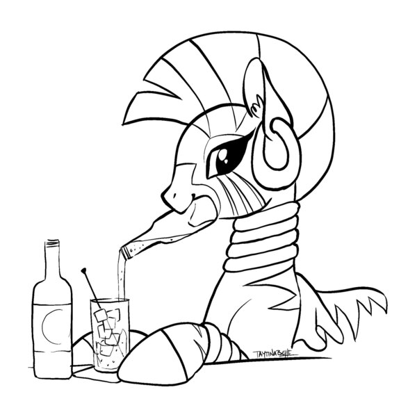 Size: 2048x2048 | Tagged: alcohol, artist:taytinabelle, beer, black and white, cute, derpibooru import, digital art, drink, ear fluff, female, grayscale, hooves, lineart, looking at you, mare, monochrome, mouth hold, safe, simple background, smiling, solo, table, white background, wine, zebra, zecora, zecorable