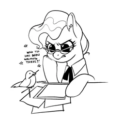 Size: 2048x2048 | Tagged: safe, artist:taytinabelle, derpibooru import, mayor mare, bird, earth pony, pony, annoyed, beak hold, black and white, clothes, cute, dialogue, digital art, ear fluff, eyebrows, female, frown, frustrated, glasses, grayscale, grumpy, hoof on cheek, hooves, lineart, mare, monochrome, simple background, solo, text, uniform, white background