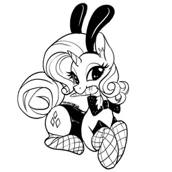 Size: 1786x1786 | Tagged: safe, artist:taytinabelle, derpibooru import, rarity, pony, unicorn, bedroom eyes, black and white, bowtie, bunny ears, bunny suit, carrot, clothes, cute, cutie mark, digital art, ear fluff, female, fishnets, food, grayscale, herbivore, laying on stomach, lineart, looking at you, mare, monochrome, mouth hold, raribetes, shiny, simple background, skintight clothes, smiling, socks, solo, stockings, sultry pose, thigh highs, white background