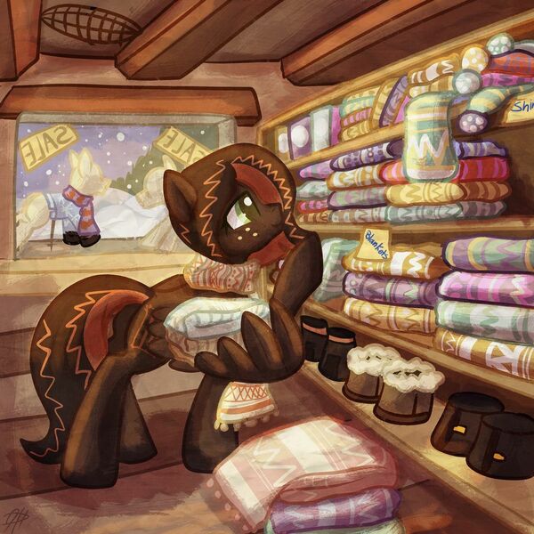 Size: 1024x1024 | Tagged: safe, artist:amura-of-jupiter, derpibooru import, oc, oc:netherweave, pegasus, pony, beams, beanie, blanket, boots, brown coat, brown hair, brown mane, cabin, christmas, christmas stocking, clothes, colorful, commission, crochet, freckles, green eyes, hat, holiday, indoors, leather, leather boots, looking right, mannequin, orange mane, overalls, pegasus oc, pegasus wings, pony mannequin, raised hoof, sale, sale sign, scarf, shelf, shirt, shoes, shopkeeper, smiling, snow, snowfall, solo, sticky note, store, sweater, text, window, wing hands, wing hold, wings, winter hat, wooden floor, wool