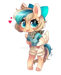 Size: 800x976 | Tagged: safe, artist:ipun, derpibooru import, oc, oc:sun light, unofficial characters only, anthro, pegasus, unguligrade anthro, arm hooves, bandana, bipedal, bow, chibi, clothes, deviantart watermark, female, hair bow, heart, mare, obtrusive watermark, shorts, simple background, solo, tongue out, transparent background, watermark