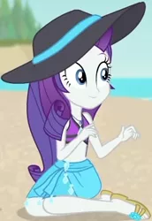 Size: 274x398 | Tagged: safe, derpibooru import, screencap, rarity, equestria girls, equestria girls series, forgotten friendship, beach, beach hat, belly button, bikini, bikini top, clothes, cropped, cute, female, forest background, geode of shielding, jewelry, legs, magical geodes, midriff, necklace, ocean, outdoors, raribetes, sand, sandals, sarong, sky, smiling, solo, swimsuit