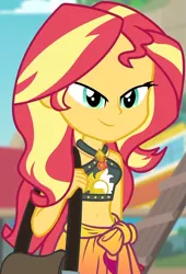 Size: 671x986 | Tagged: safe, derpibooru import, screencap, sunset shimmer, equestria girls, equestria girls series, forgotten friendship, belly button, bikini, bikini top, blurred background, cliff, clothes, cropped, cute, female, forest background, geode of empathy, jewelry, lidded eyes, magical geodes, midriff, necklace, outdoors, sarong, sexy, shimmerbetes, shoulder bag, sky, sleeveless, smiling, solo, steps, swimsuit