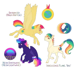 Size: 3311x2944 | Tagged: safe, artist:jackiebloom, derpibooru import, oc, oc:iridescence flare, oc:neon synthwave, oc:skydancer, unofficial characters only, earth pony, pegasus, pony, braided tail, button braids, colored hooves, cutie mark, female, magical lesbian spawn, mare, multicolored hair, nonbinary, offspring, parent:rainbow dash, parent:spitfire, parents:spitdash, rainbow hair, simple background, synthwave, transparent background
