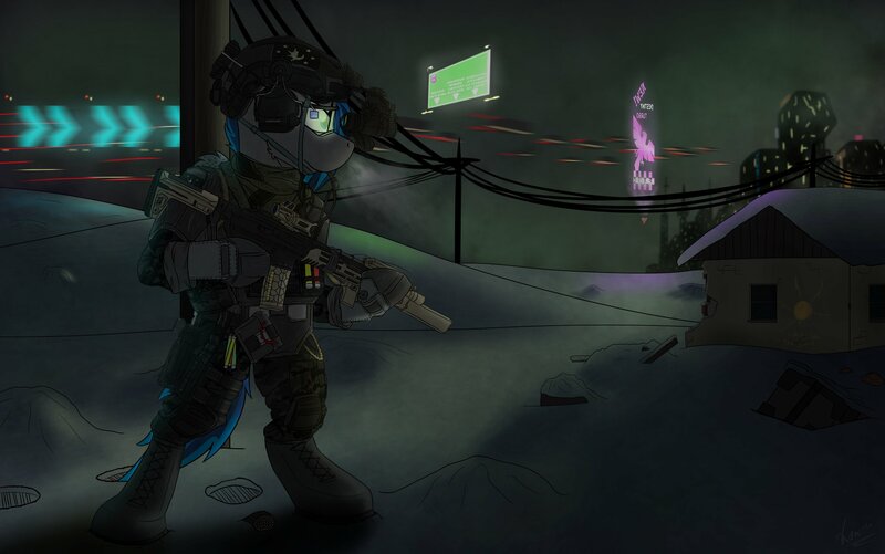 Size: 4096x2566 | Tagged: safe, artist:kamithepony, derpibooru import, oc, oc:atom bomb, anthro, pegasus, amputee, body armor, clothes, cyberpunk, female, goggles, gun, helmet, image, jpeg, mare, military, multicam, night vision goggles, prosthetic limb, prosthetics, rifle, robotic arm, robotic hoof, sierra nevada, snow, solo, tactical vest, weapon, winter