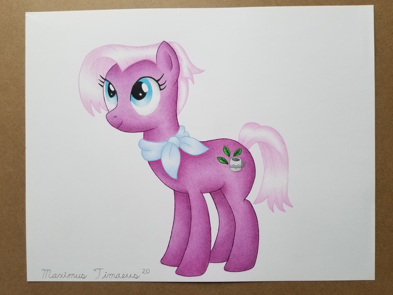 Size: 4032x3024 | Tagged: safe, artist:maximustimaeus, derpibooru import, jasmine leaf, earth pony, pony, ascot, clothes, colored pencil drawing, female, mare, scarf, simple background, smiling, solo, traditional art, white background