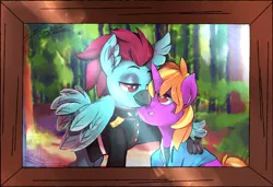 Size: 1900x1300 | Tagged: safe, artist:n0rara, derpibooru import, oc, oc:iron wingheart, oc:quasar(wingman), unofficial characters only, hippogriff, pony, unicorn, bust, clothes, commission, forest, framed photo, gay, hoodie, interspecies, male, military uniform, oc x oc, portrait, shipping