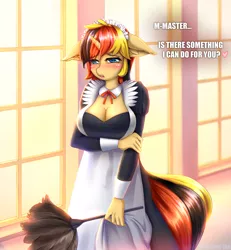Size: 1182x1280 | Tagged: suggestive, artist:shoggoth-tan, derpibooru import, oc, oc:amber bit, unofficial characters only, anthro, unicorn, anthro oc, big breasts, blushing, breasts, cleavage, clothes, commission, duster, female, floppy ears, horn, maid, maid headdress, mare, master, not sunset shimmer, shy, solo, solo female, talking, ych result