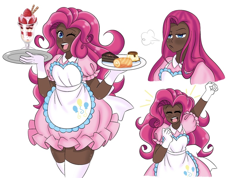 Size: 2989x2321 | Tagged: safe, artist:mscreepyplaguedoctor, derpibooru import, pinkie pie, human, alternate hairstyle, apron, barely pony related, blackwashing, cake, clothes, dark skin, diapinkes, dress, eyes closed, female, food, gloves, humanized, ice cream, ice cream sundae, image, jpeg, one eye closed, open mouth, pinkamena diane pie, plate, shirt, simple background, socks, solo, stockings, sundae, thigh highs, white background, wink