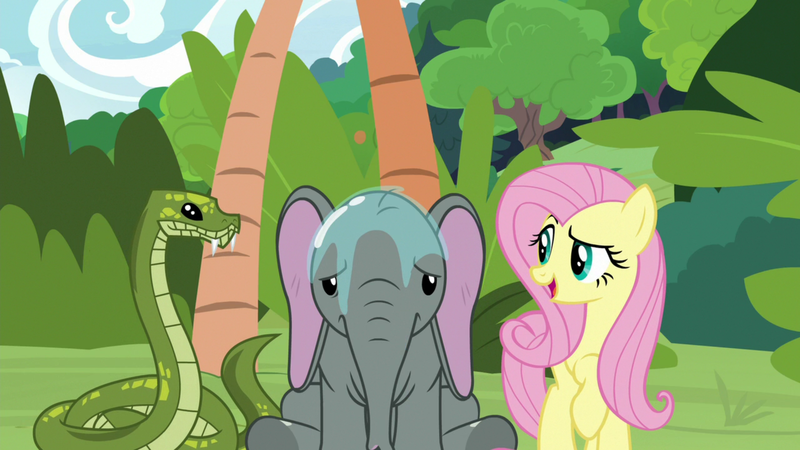 Size: 1920x1080 | Tagged: safe, derpibooru import, screencap, angel bunny, antoine, fluttershy, muriel, elephant, pegasus, pony, python, snake, she talks to angel, about to pass out, baby elephant, body swap, drool, exhausted, fangs, female, frown, impressed, looking at each other, male, mare, miserable, not fluttershy, raised eyebrow, raised hoof, smiling, stressed, talking, trio