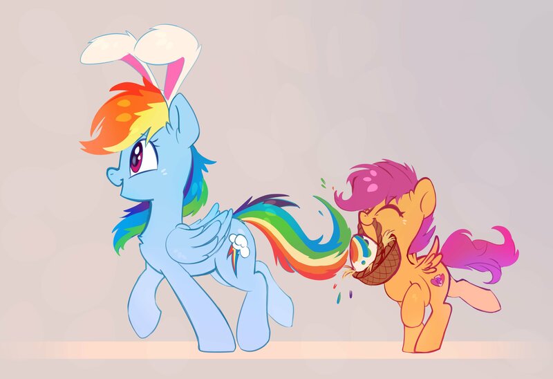 Size: 4096x2805 | Tagged: safe, artist:taneysha, derpibooru import, rainbow dash, scootaloo, pegasus, pony, basket, bunny ears, chest fluff, cute, cutealoo, dashabetes, duo, ear fluff, easter, easter basket, easter bunny, easter egg, eyes closed, female, filly, high res, holiday, mare, mouth hold, open mouth, profile, scootalove, siblings, sisters