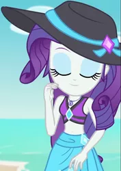 Size: 719x1018 | Tagged: safe, derpibooru import, screencap, rarity, equestria girls, equestria girls series, forgotten friendship, beach, beach hat, belly button, bikini, bikini top, clothes, cloud, cropped, cute, diamond, eyes closed, female, geode of shielding, jewelry, magical geodes, midriff, necklace, ocean, outdoors, raribetes, sand, sarong, sexy, sky, sleeveless, smiling, solo, swimsuit