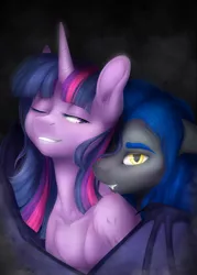 Size: 2160x3013 | Tagged: safe, artist:doekitty, derpibooru import, twilight sparkle, twilight sparkle (alicorn), oc, oc:midnight wind, alicorn, bat pony, pony, fanfic, bust, canon x oc, fanfic art, fanfic cover, fangs, female, high res, male, mare, portrait, stallion