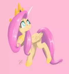 Size: 867x922 | Tagged: safe, artist:vreshkashowers, derpibooru import, fluttershy, pegasus, pony, clothes, cosplay, costume, fake horn, female, folded wings, head turn, hoof on chest, hoof shoes, jewelry, looking away, looking up, mare, painting, pink background, raised hoof, regalia, shylestia, simple background, smiling, solo, standing, three quarter view, wings