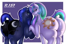 Size: 2700x1800 | Tagged: suggestive, artist:renegade-157, derpibooru import, princess celestia, princess luna, alicorn, pony, butt, commission, cutie mark, dock, female, holding hooves, looking at you, looking back, looking back at you, mare, moonbutt, praise the moon, praise the sun, royal sisters, siblings, sisters, sunbutt, the ass was fat, thick